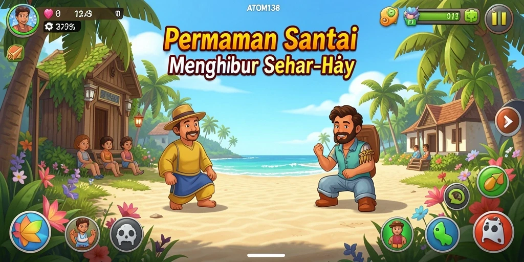 Tampilan gameplay santai ATOM138 yang menghibur dan penuh warna.