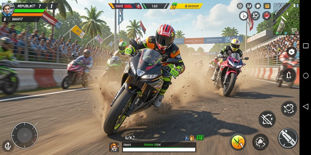 Screenshot REPUBLIK77 menampilkan aksi balap motor yang mendebarkan.