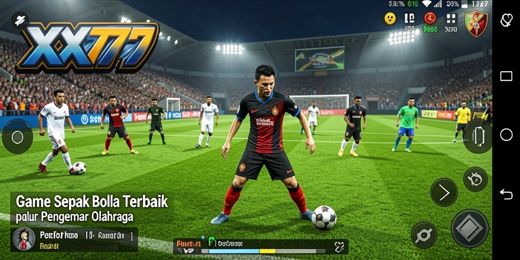 Screenshot XXX777 menampilkan aksi seru di lapangan sepak bola.